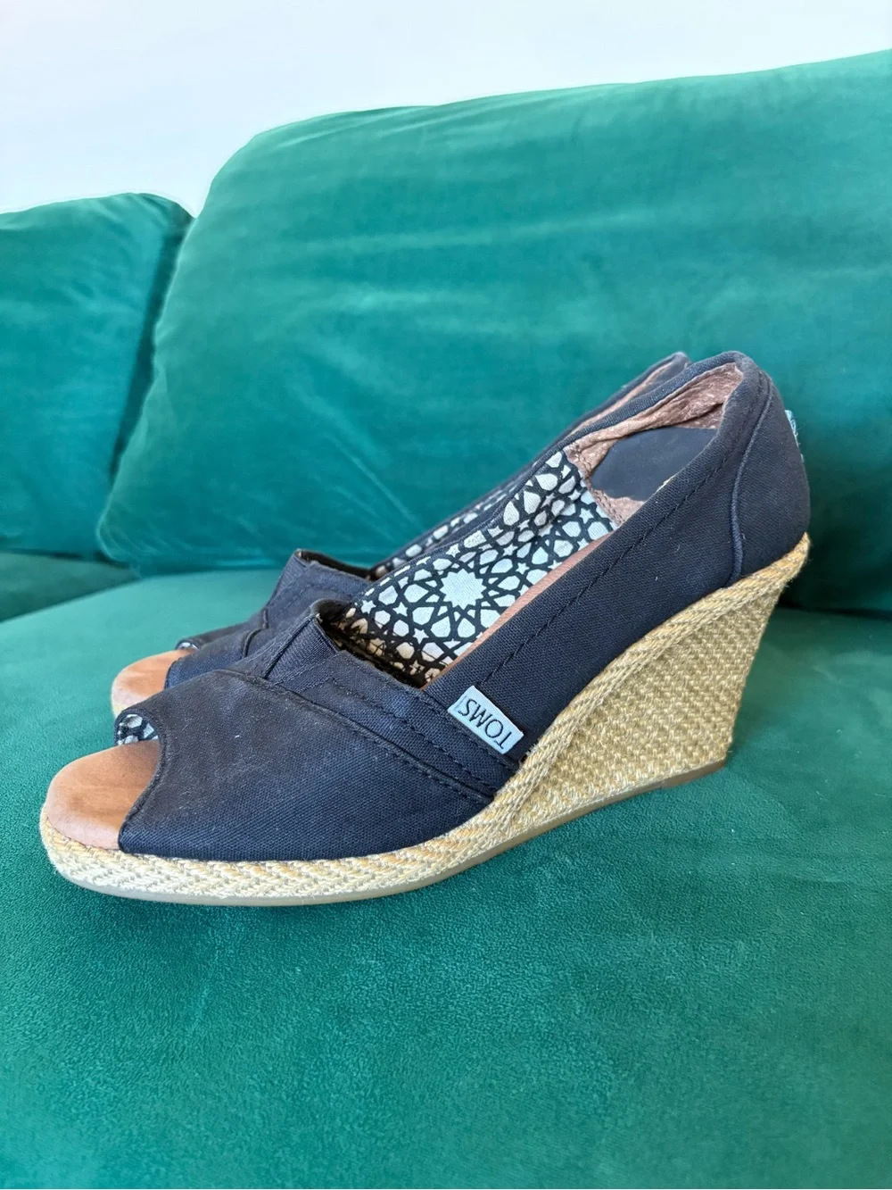 TOMS Black Canvas Espadrille Wedge Peep-Toe Slip-On